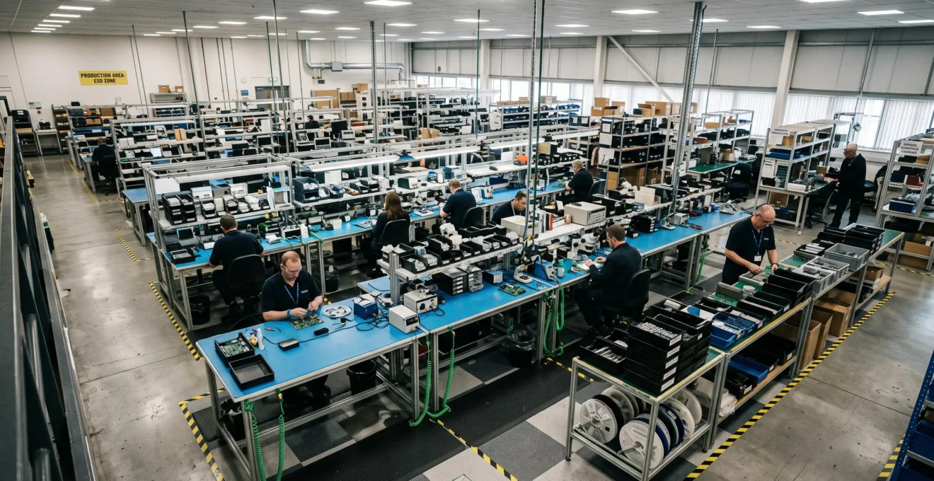 Wide view of an electronics manufacturing floor showing multiple ESD-protected workbenches with anti-static mats, grounding equipment and component storage across the production area