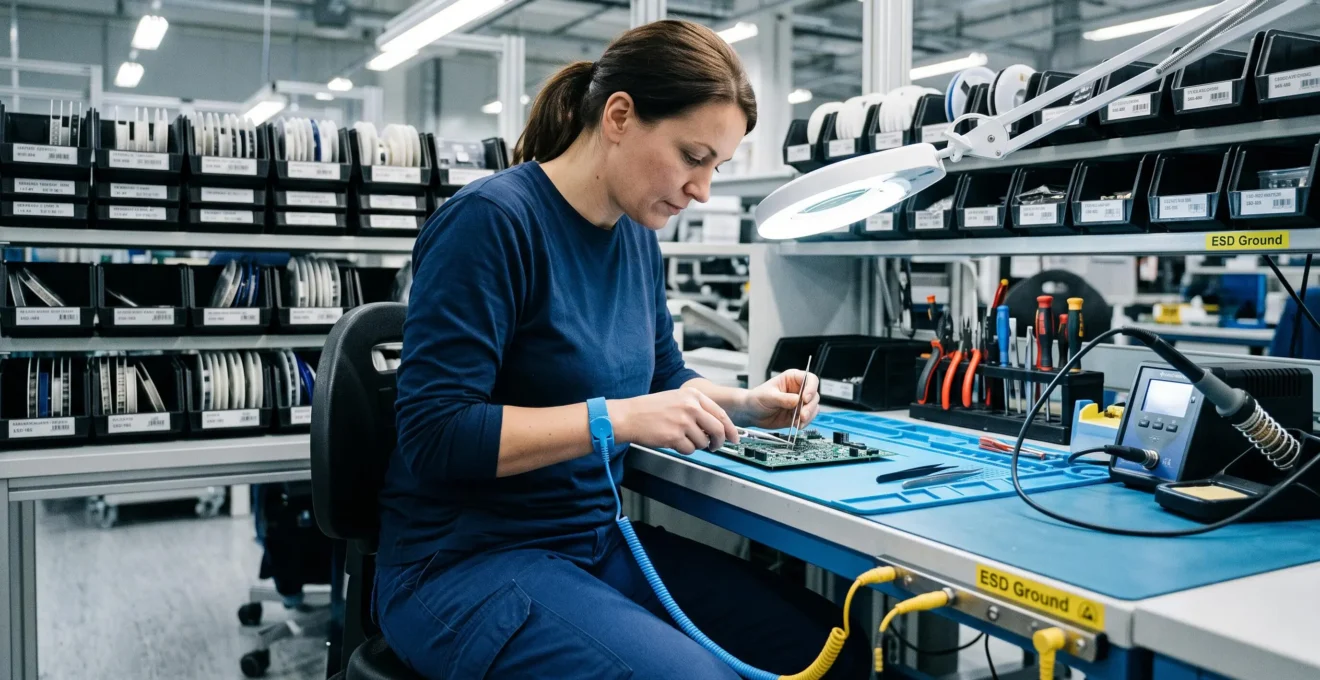 A technician at an electronics workstation carefully handling a circuit board while wearing an ESD wrist strap connected to an anti-static mat, with organised ESD-safe component storage visible