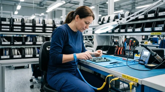 A technician at an electronics workstation carefully handling a circuit board while wearing an ESD wrist strap connected to an anti-static mat, with organised ESD-safe component storage visible