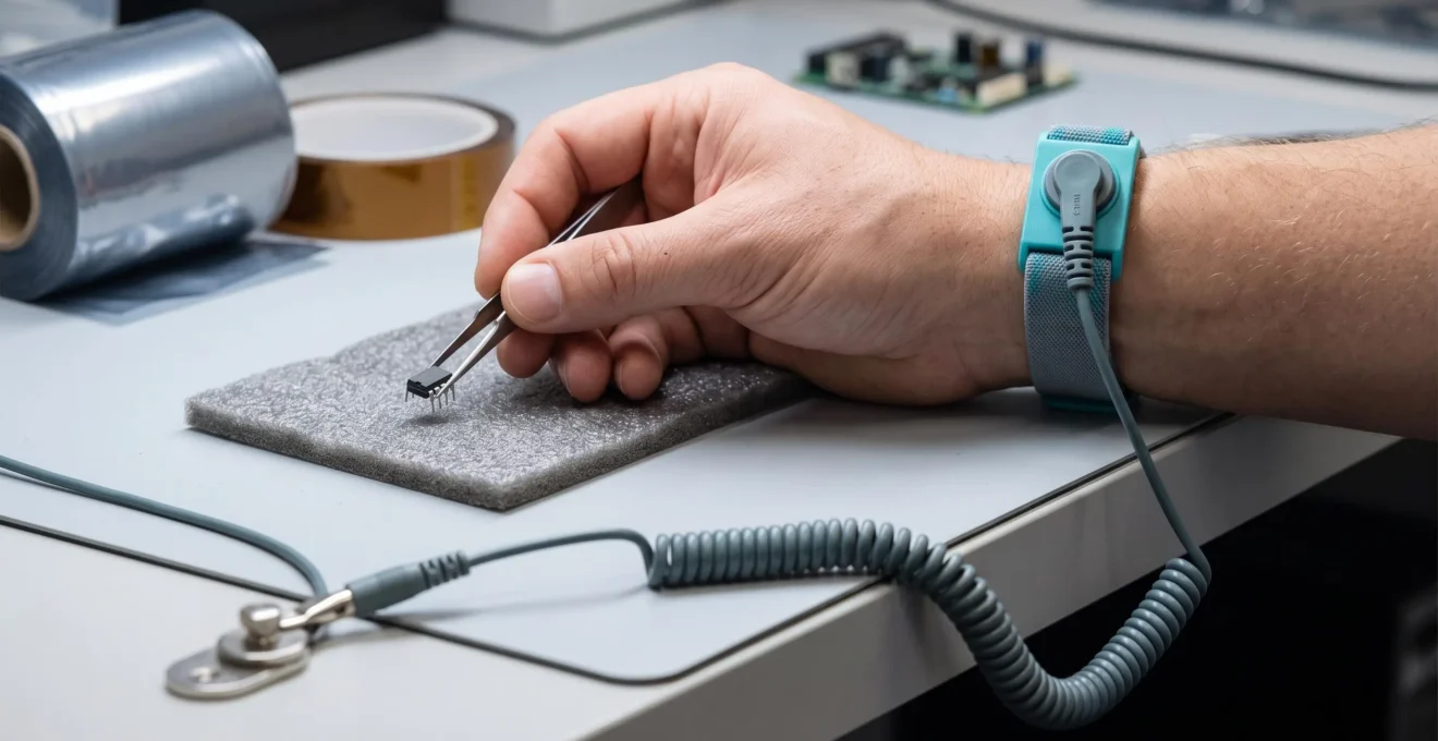 Close view of a hand wearing an anti-static wrist strap connected to a grounding point while carefully holding a small electronic component above ESD-safe foam packaging